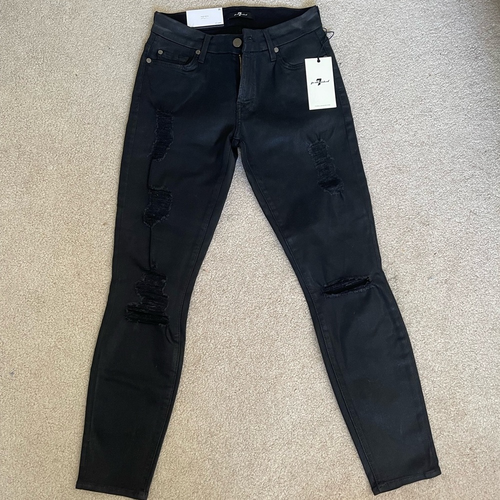 NWT 7 For all Mankind black shiny the ankle skinny jeans